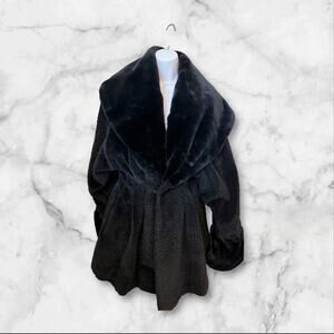 Vintage Ultra Fur Black Faux Fur Coat Wide Collar Belted Jacket Made in USA